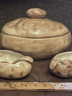Kitschy Glazed Ceramic Potato Serving Bowl with 2 Matching Dippers Vtg.